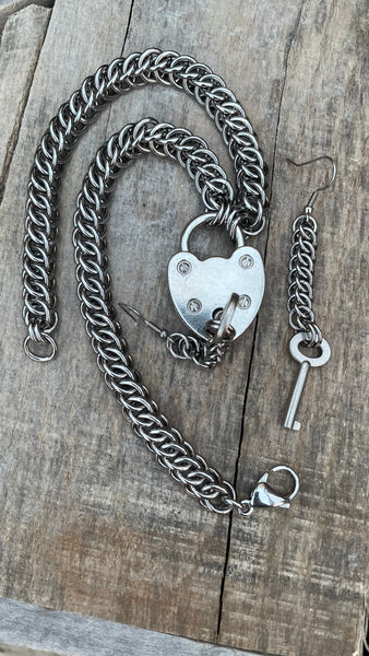 HP3 Heart Lock Chainmaille Necklace & Earrings