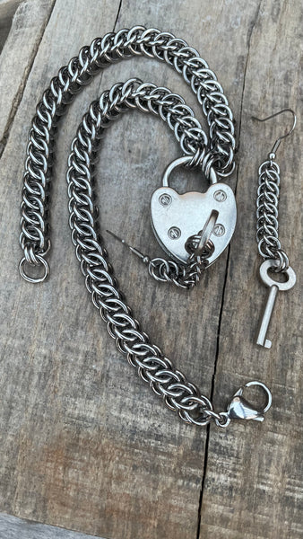 HP3 Heart Lock Chainmaille Necklace & Earrings