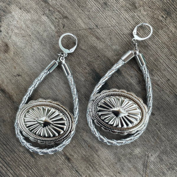 Silver Bolo Cord Concho Hoop Earrings