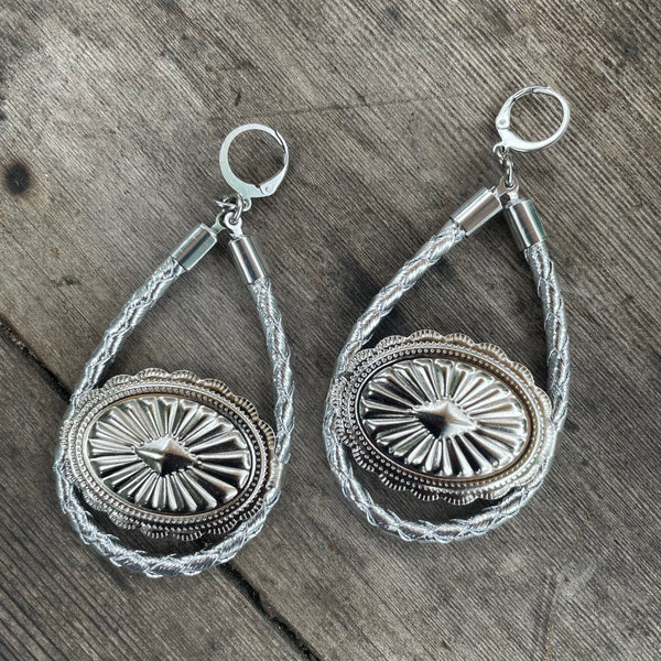 Silver Bolo Cord Concho Hoop Earrings