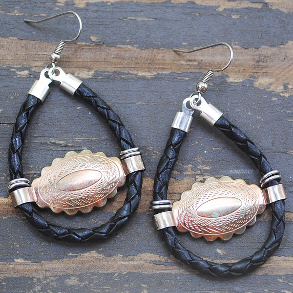 Mini Gold Concho + Black Bolo Cord Earrings