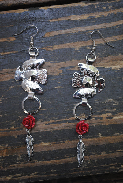 Thunderbird Concho Earrings with Small Feather & Rose Bead