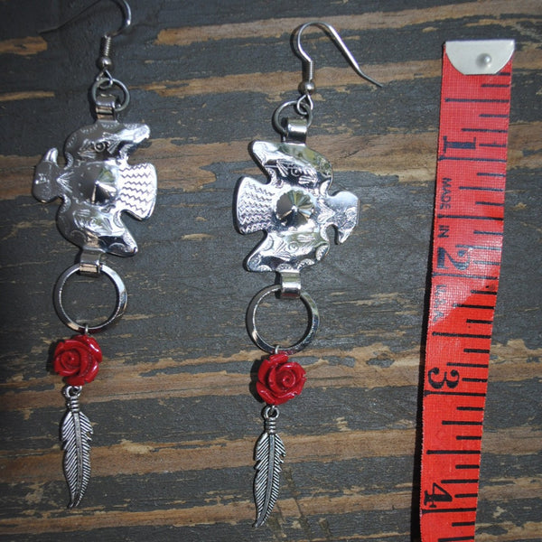 Thunderbird Concho Earrings with Small Feather & Rose Bead