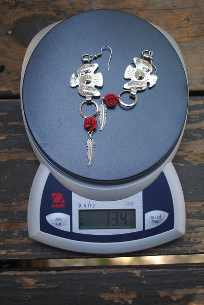 Thunderbird Concho Earrings with Small Feather & Rose Bead