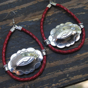 Lightning Bolt & Red Bolo Cord Concho Earrings