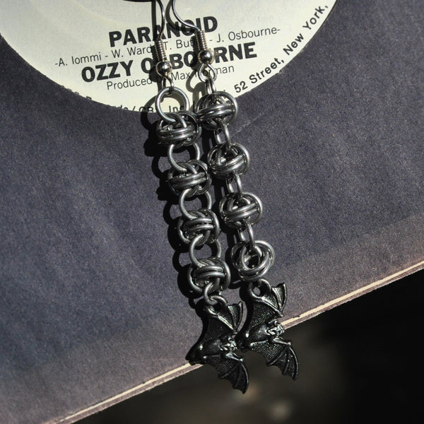 Ozzy Inspired Chainmaille Barrel Weave Earrings w/ Bat Charm Halloween Chainmaille