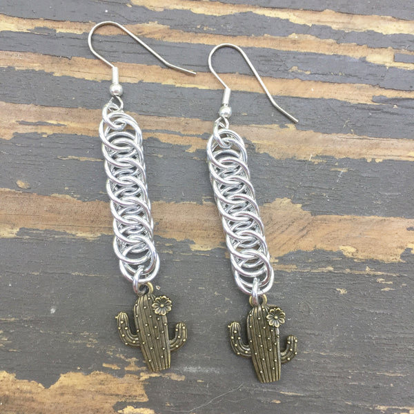 Brass Cactus Medium Chainmaille Earrings