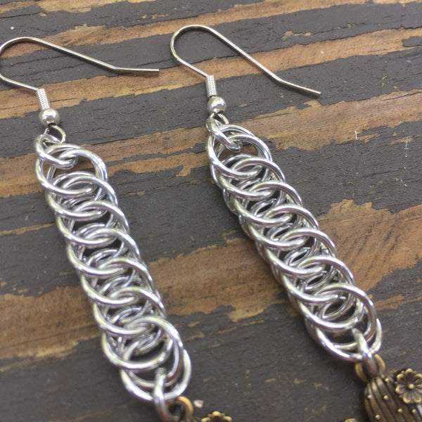 Brass Cactus Medium Chainmaille Earrings