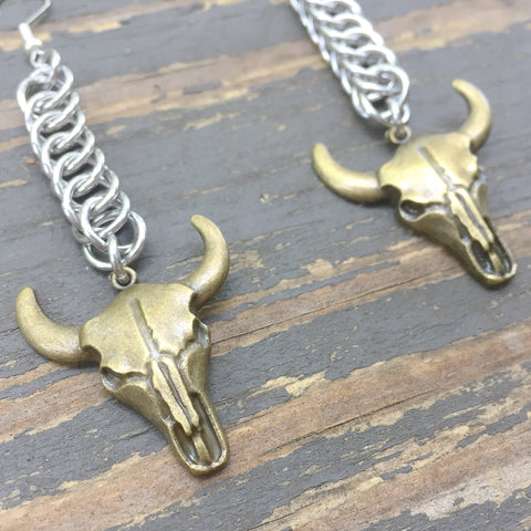 Brass Cow Skull Medium Chainmaille Earrings