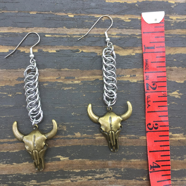 Brass Cow Skull Medium Chainmaille Earrings