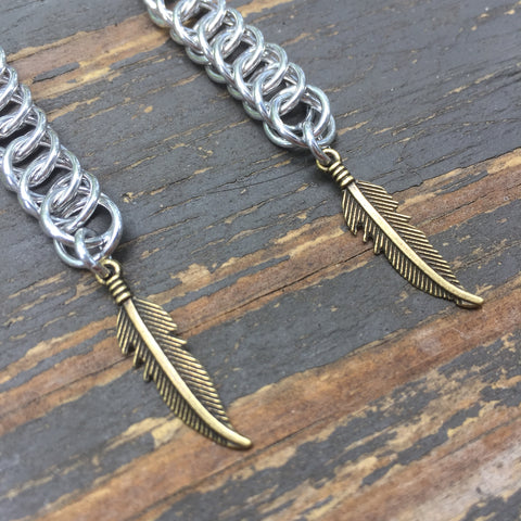 Brass Feather Medium Chainmaille Earrings