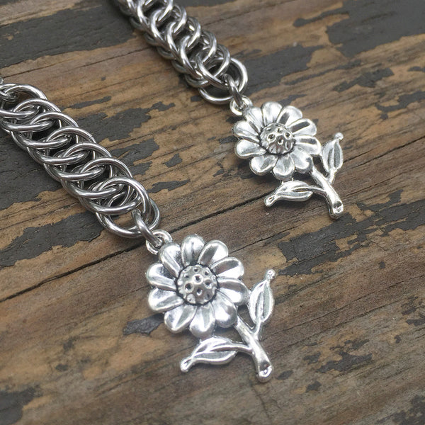 Silver Daisy Medium Chainmaille Earrings