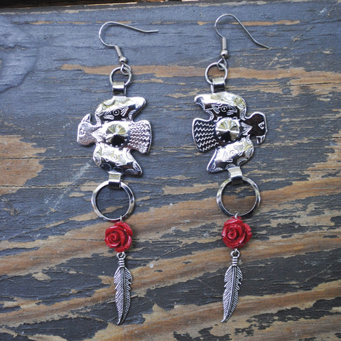 Thunderbird Concho Earrings with Small Feather & Rose Bead