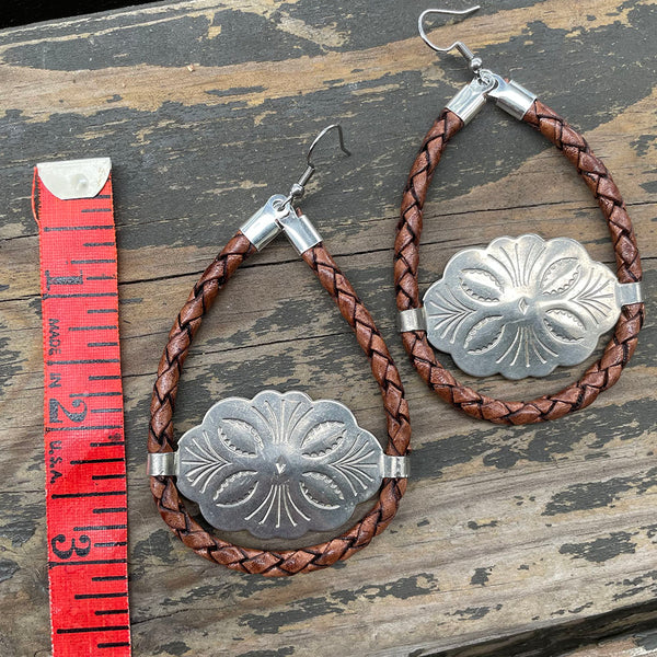 Brown Bolo Cord Kitty Concho Earrings