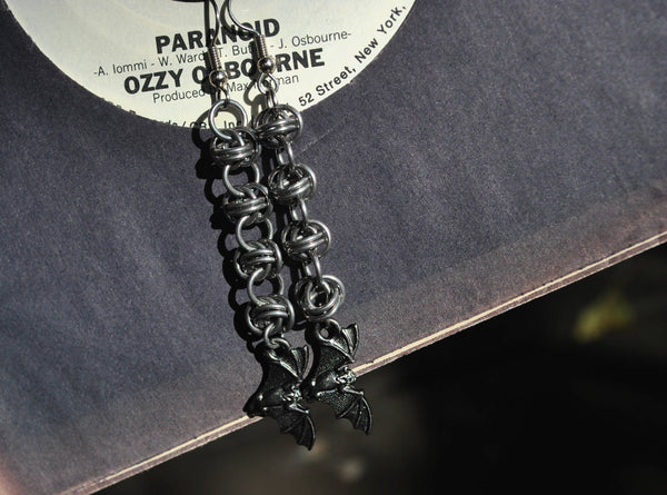 Ozzy Inspired Chainmaille Barrel Weave Earrings w/ Bat Charm Halloween Chainmaille