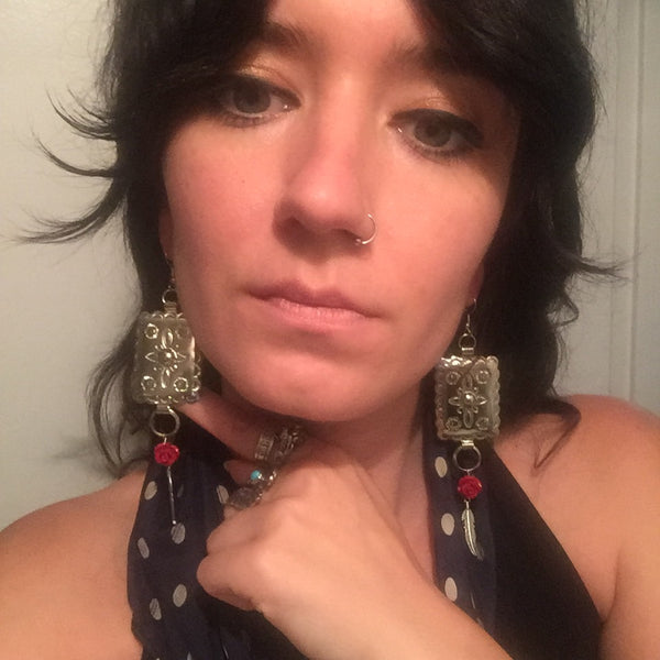 Square Concho Rose + Feather Earrings