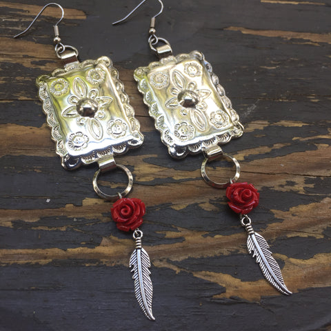 Square Concho Rose + Feather Earrings