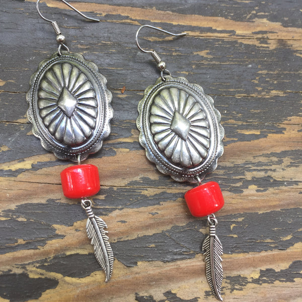 Gunmetal Concho + Red Bead + Feather Earrings