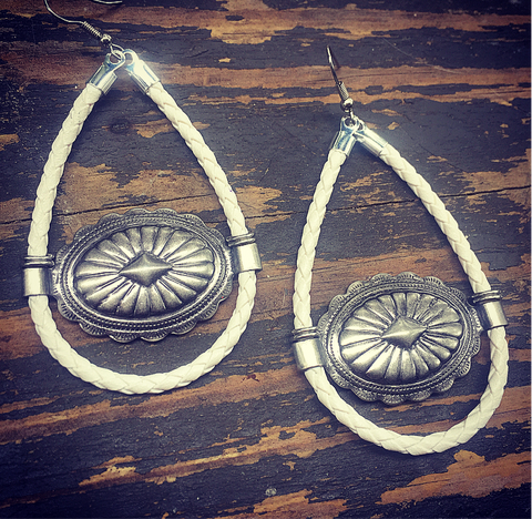 White Bolo Cord + Gunmetal Concho Earrings