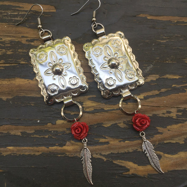 Square Concho Rose + Feather Earrings