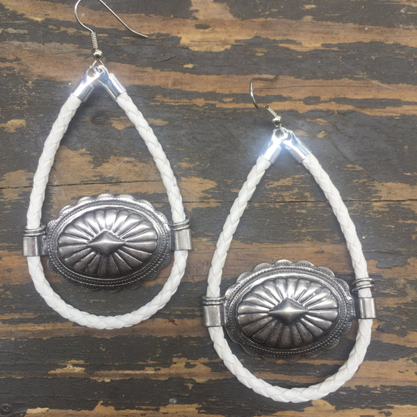 White Bolo Cord + Gunmetal Concho Earrings