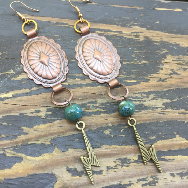 Copper tone Concho + Lightning Bolt Earrings