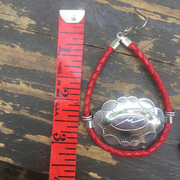 Lightning Bolt & Red Bolo Cord Concho Earrings