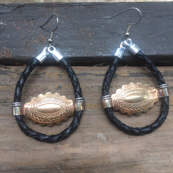 Mini Gold Concho + Black Bolo Cord Earrings