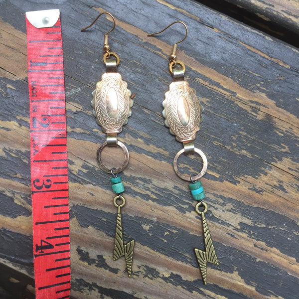 Distressed Light Gold Concho + Lightning Bolt Earrings