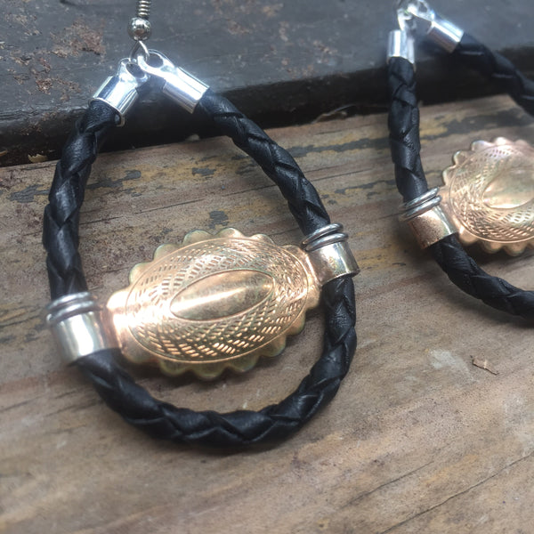 Mini Gold Concho + Black Bolo Cord Earrings