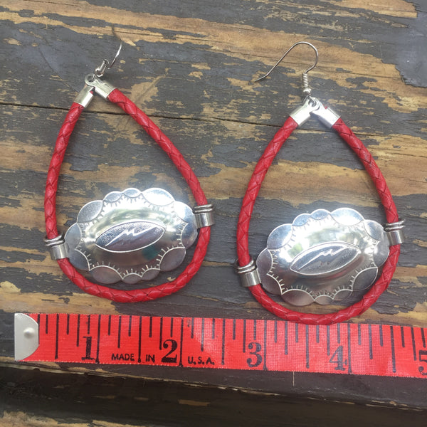 Lightning Bolt & Red Bolo Cord Concho Earrings