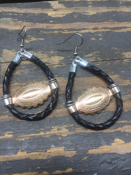 Mini Gold Concho + Black Bolo Cord Earrings