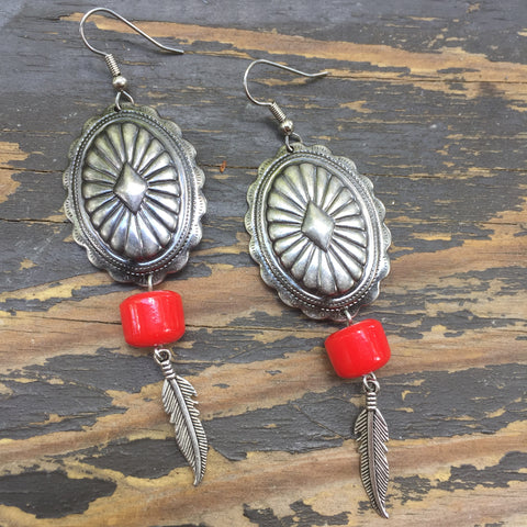 Gunmetal Concho + Red Bead + Feather Earrings