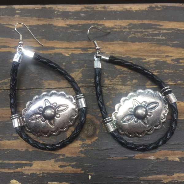 bolo cord concho earrings, western jewelry, western earrings, handmade jewelry